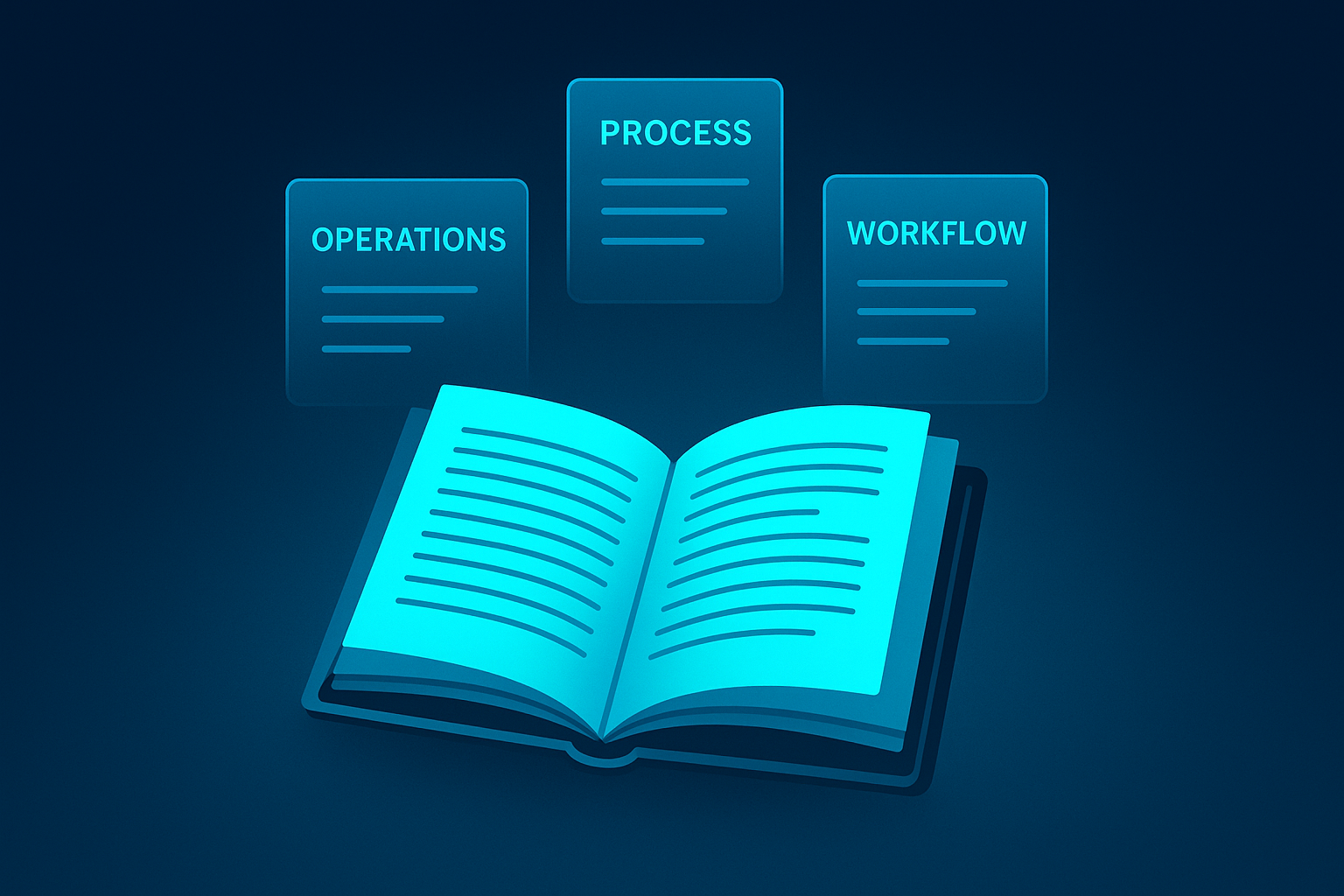 Open illuminated ledger with floating labeled sheets against dark blue neon-lit background.