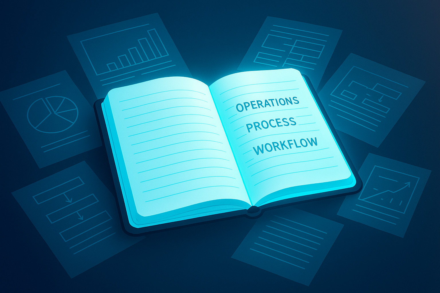 Open illuminated notebook with handwritten notes and diagrams on dark blue, neon-glow background.