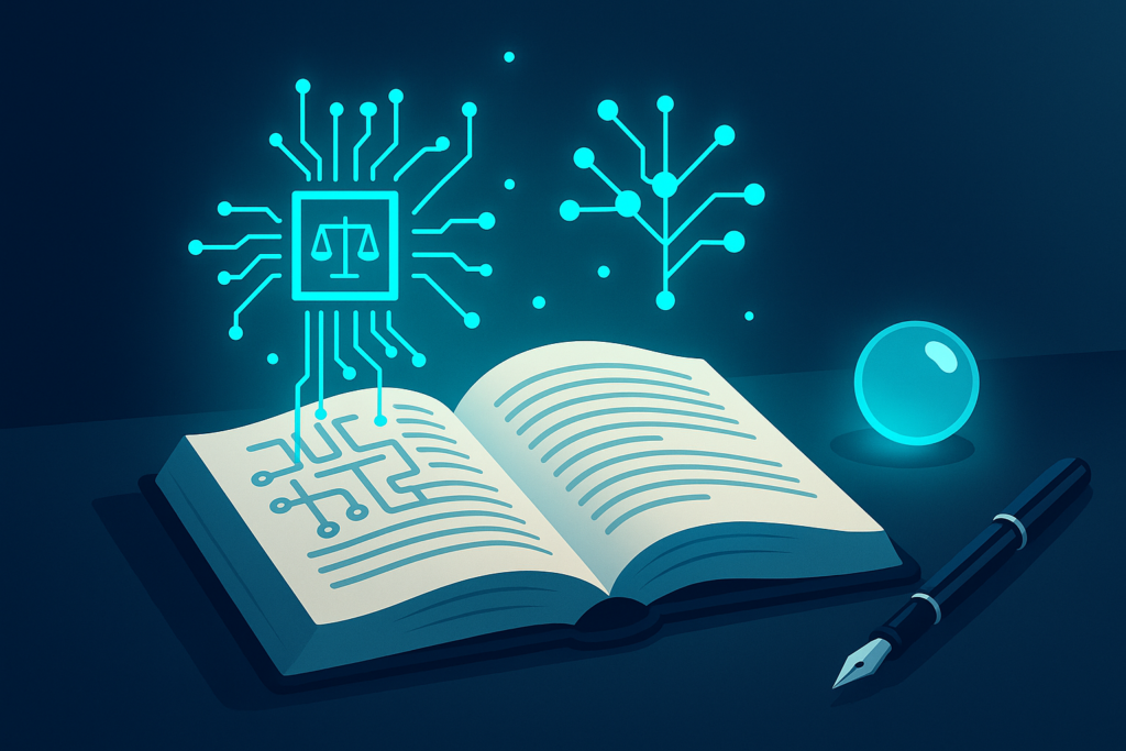 Open legal book with glowing circuit patterns, fountain pen, and neon glass orb on dark gradient background.