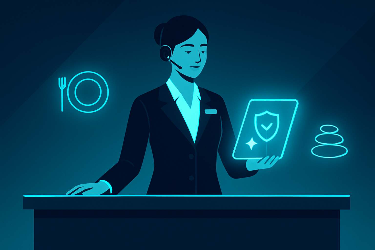 Poised guest service agent at reception desk with digital tablet displaying loyalty symbols, illuminated by neon glow.