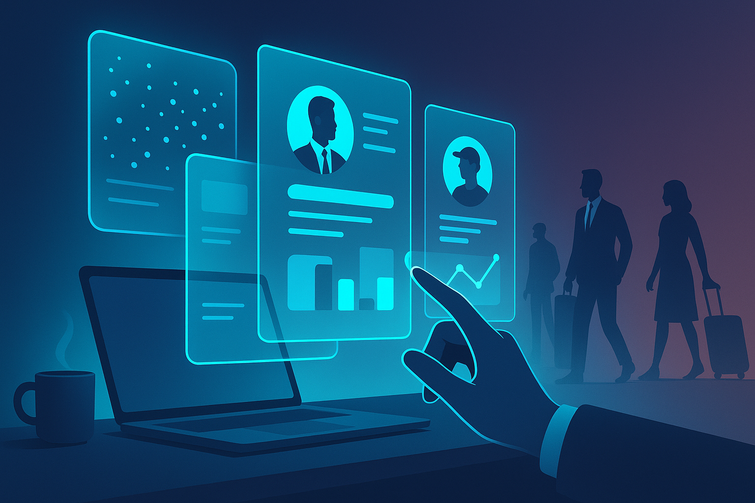 Poised hand interacts with holographic data panels in a neon-lit, modern workspace.