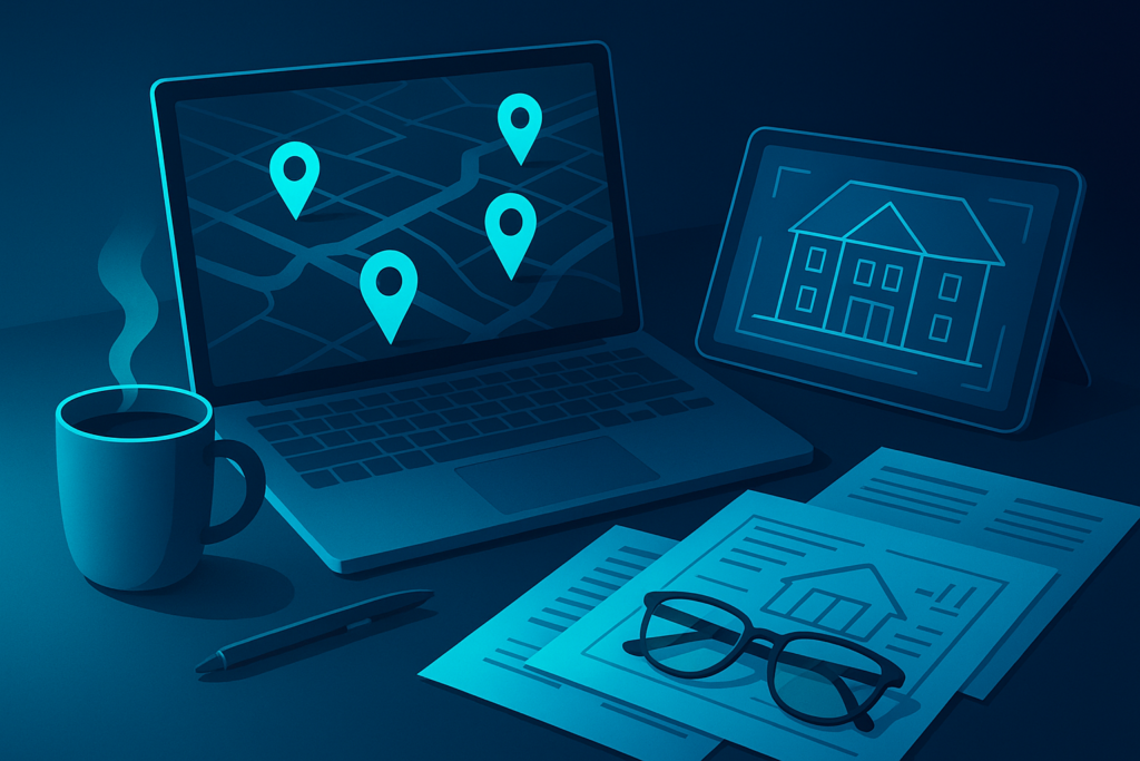 Polished workspace with city map, digital tablet, coffee, glasses, neon glow, dark blue background.
