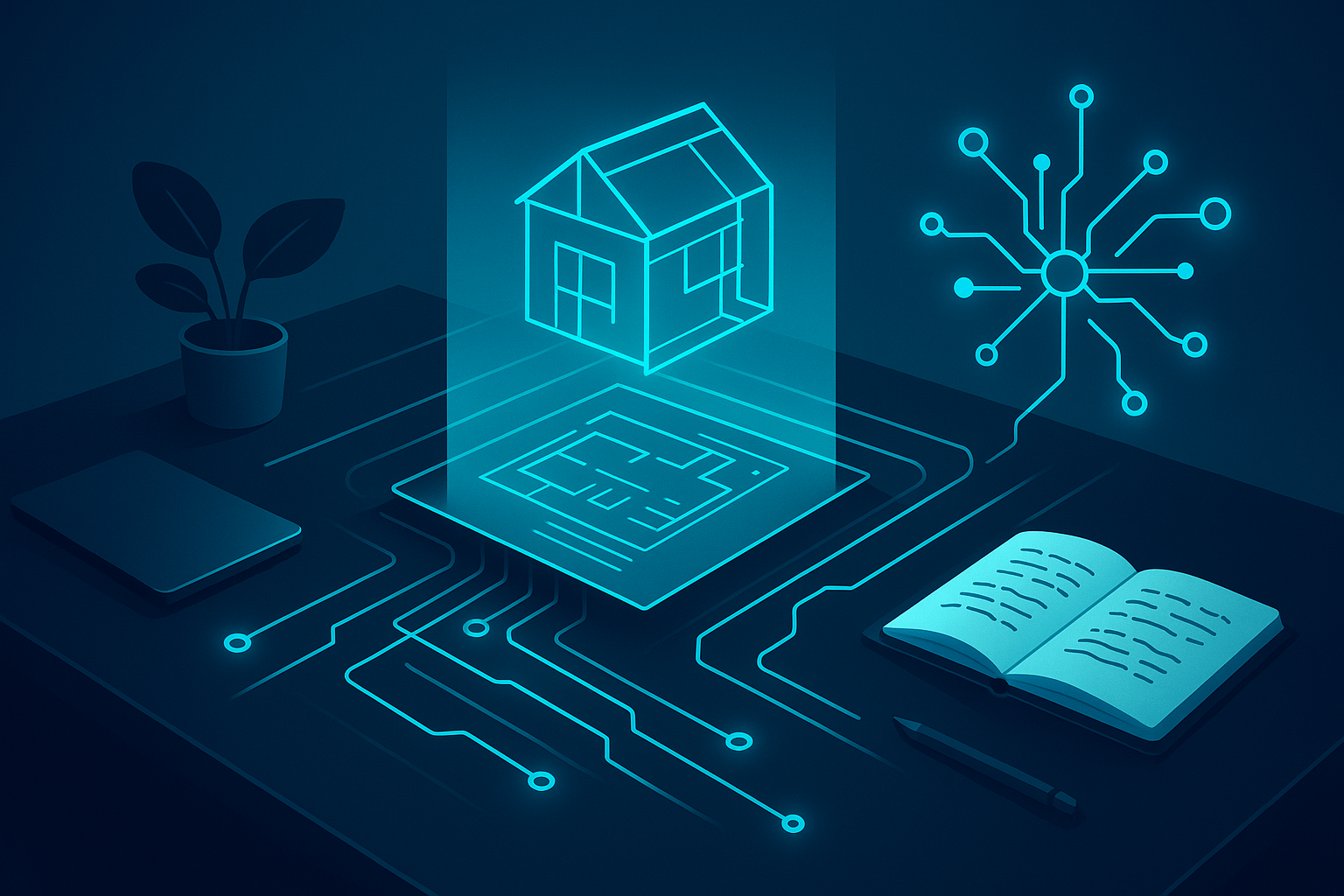 Polished workspace with holographic blueprint, data sheets, circuit lines, notebook, and digital nodes.