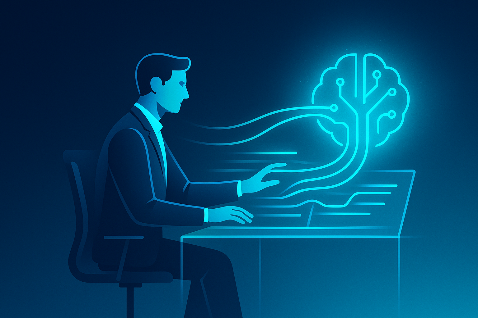Professional at digital console manipulating holographic data in a neon-lit futuristic workspace.