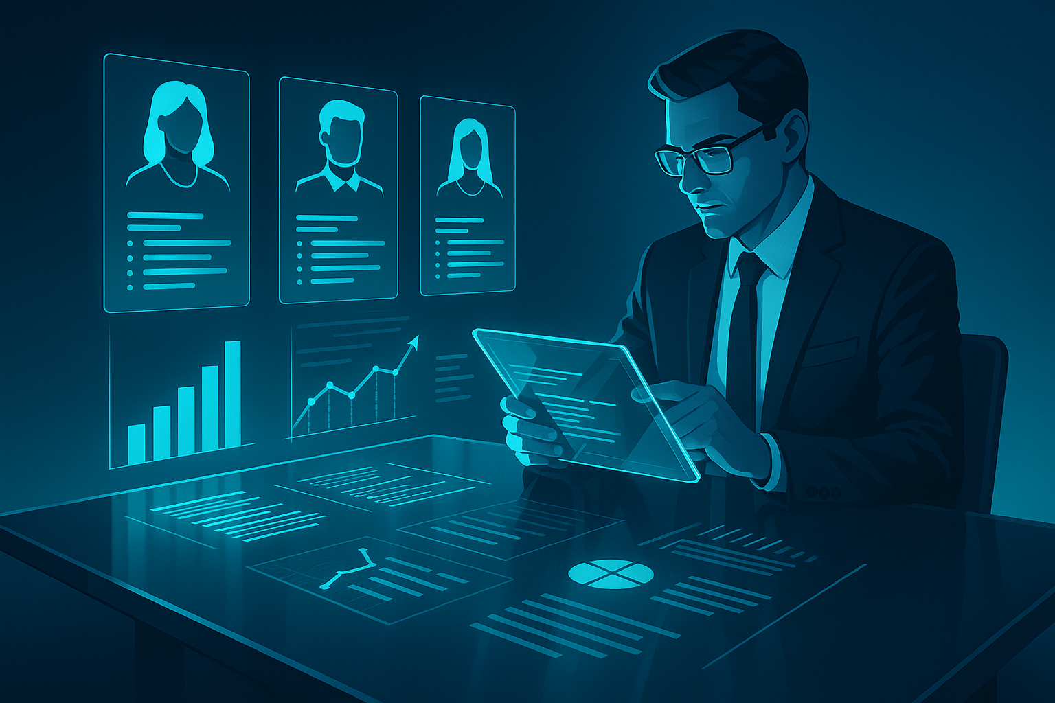Professional reviewing data on digital tablet in modern, neon-lit workspace with holographic charts.