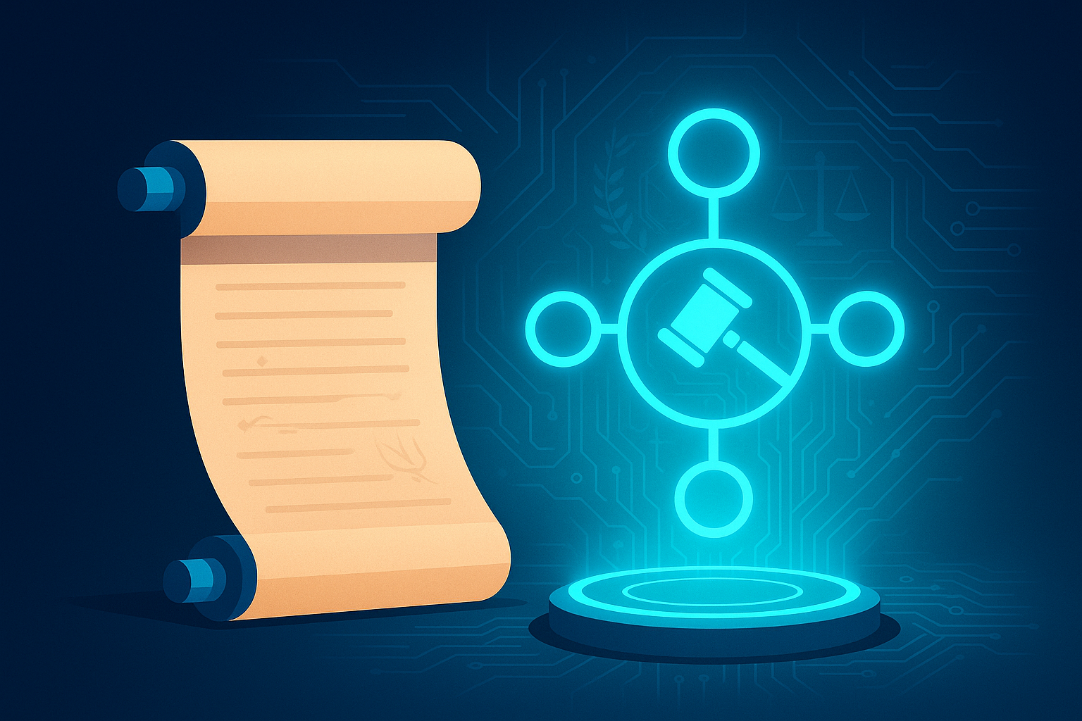 Roman scroll and digital hologram with legal symbols and circuit patterns in neon blue.