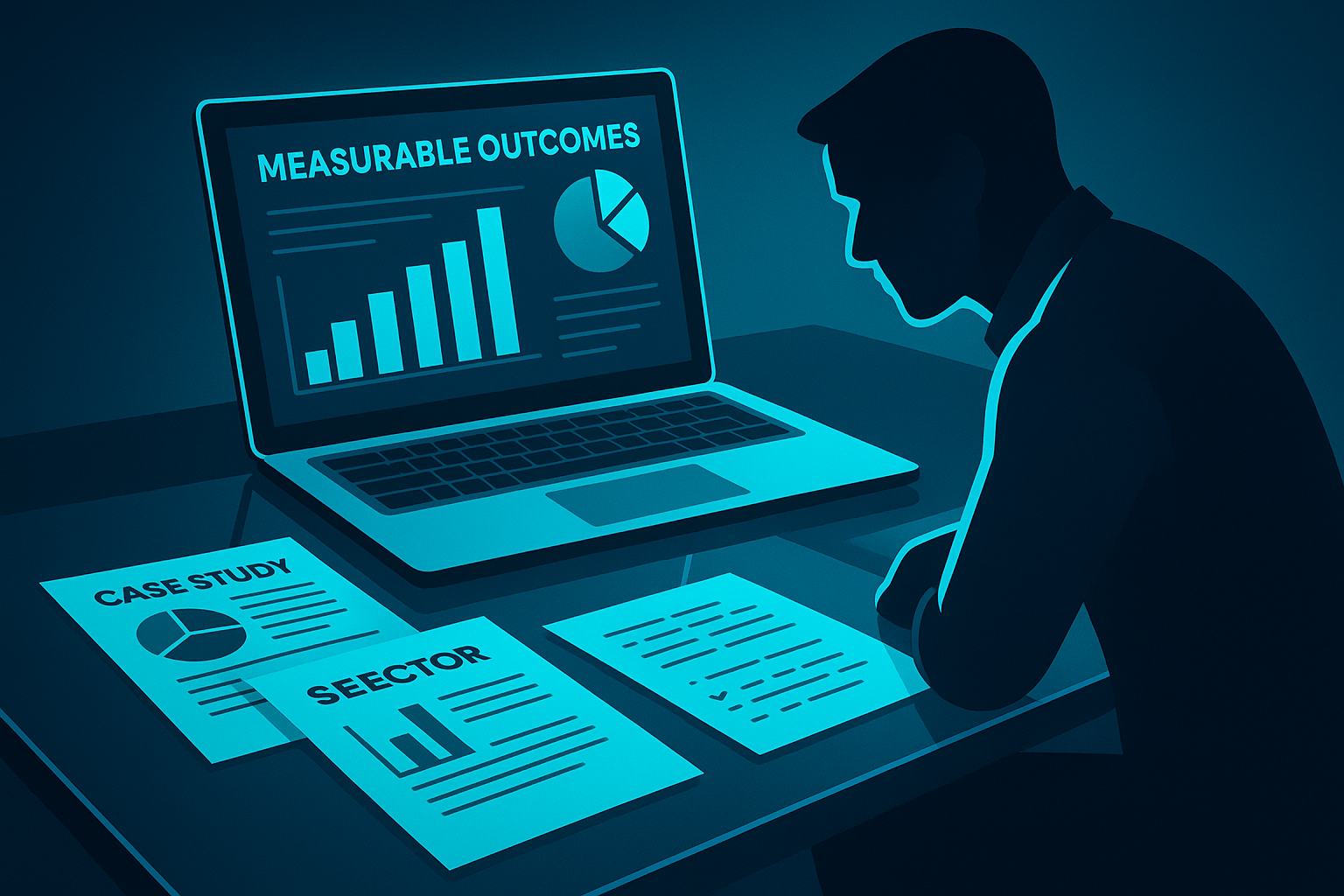 Silhouette reviews digital dashboard with charts, notes, and case studies in neon-lit workspace.