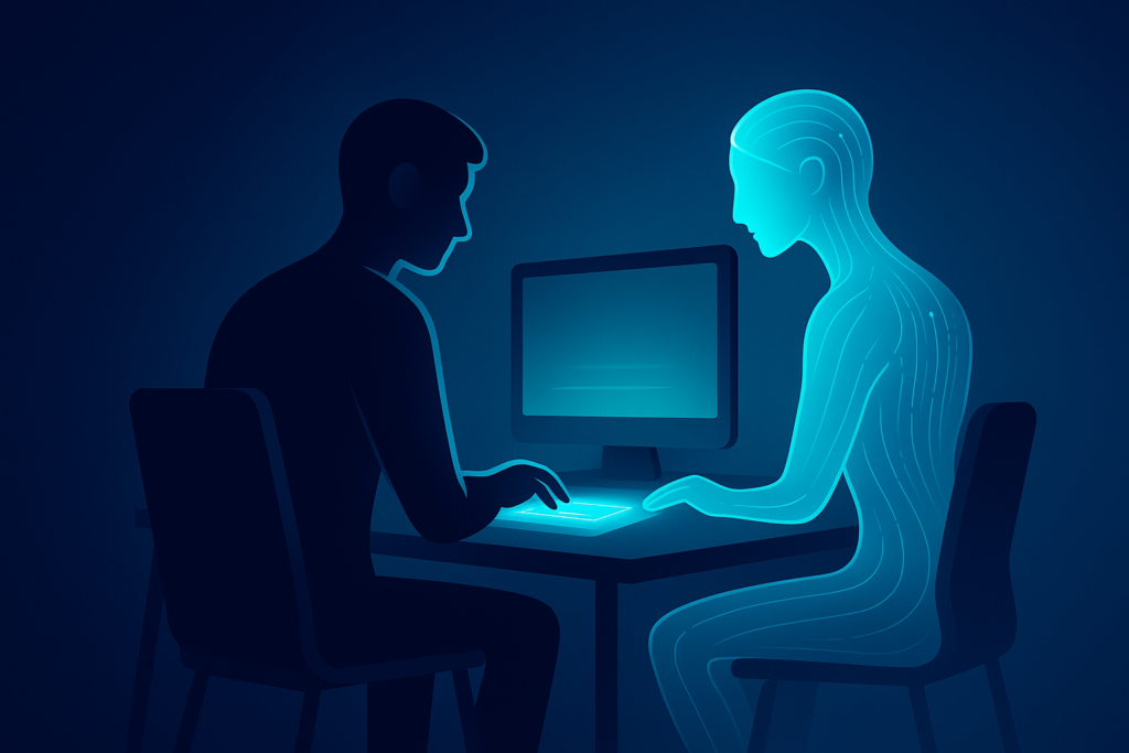 Silhouetted person interacts with holographic cyan interface beside translucent AI figure in neon-lit workspace.
