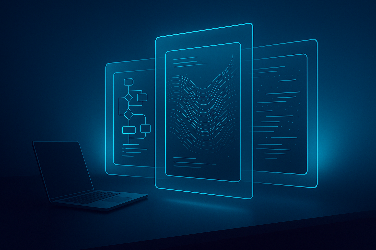 Sleek dark tech workspace with three floating transparent screens displaying glowing cyan data streams.