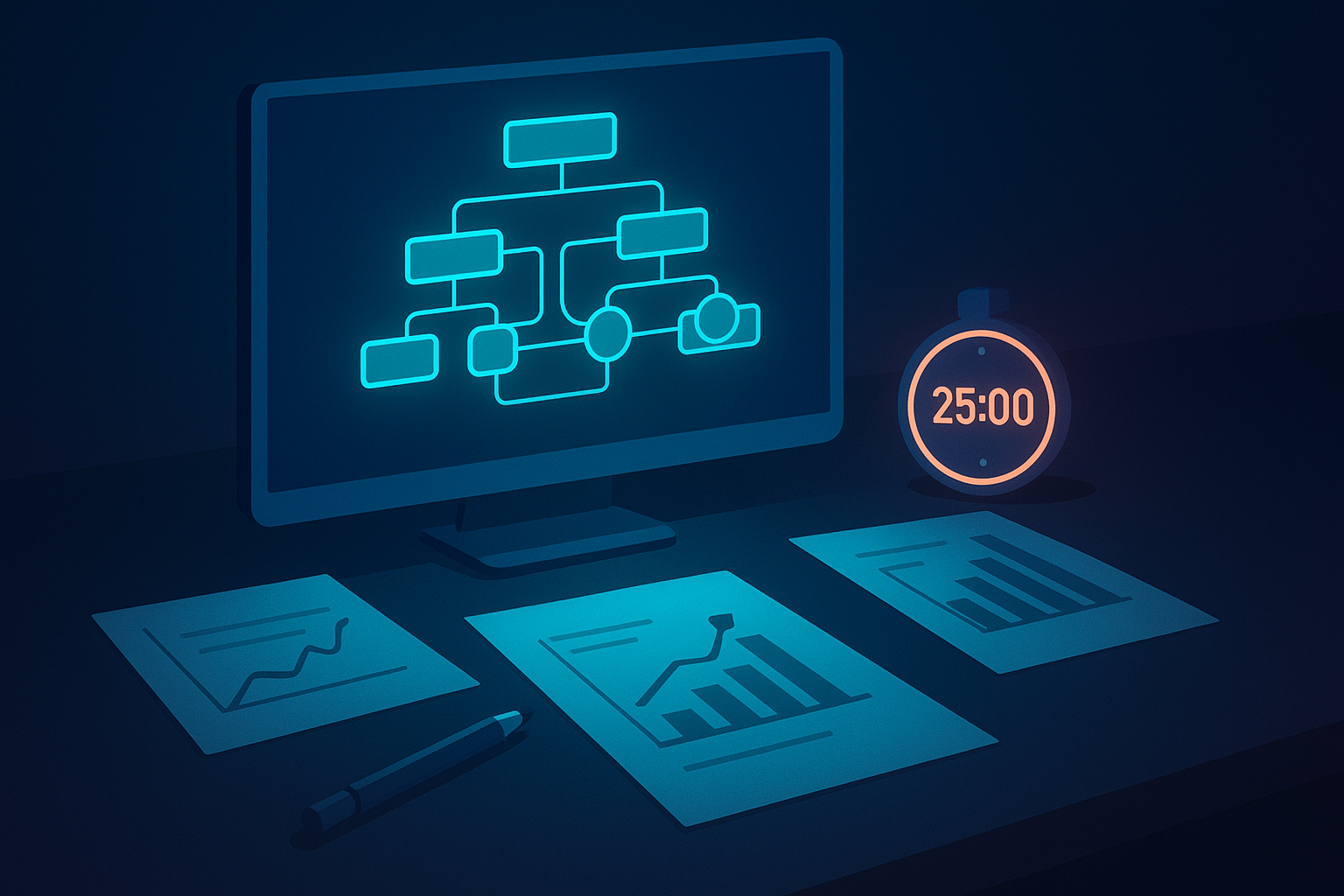 Sleek digital dashboard analyzing flowcharts with graphs, timer, and notes in a neon-lit workspace.