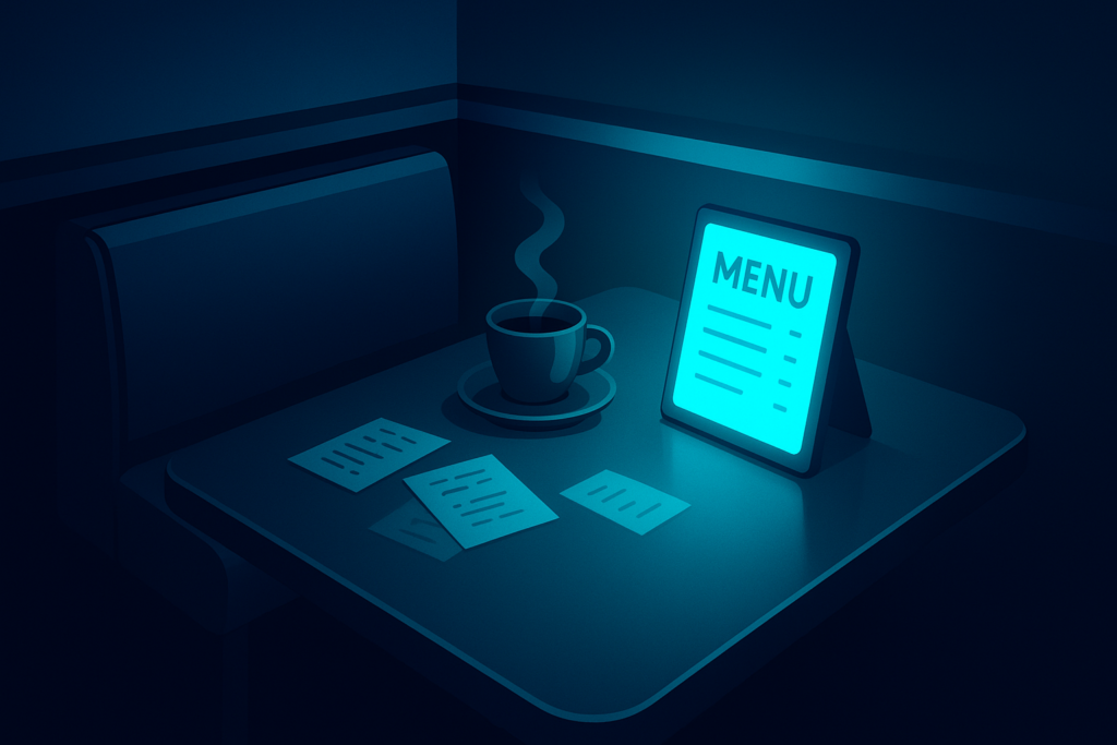 Sleek digital menu, coffee cup, handwritten notes in neon-lit high-tech restaurant corner.