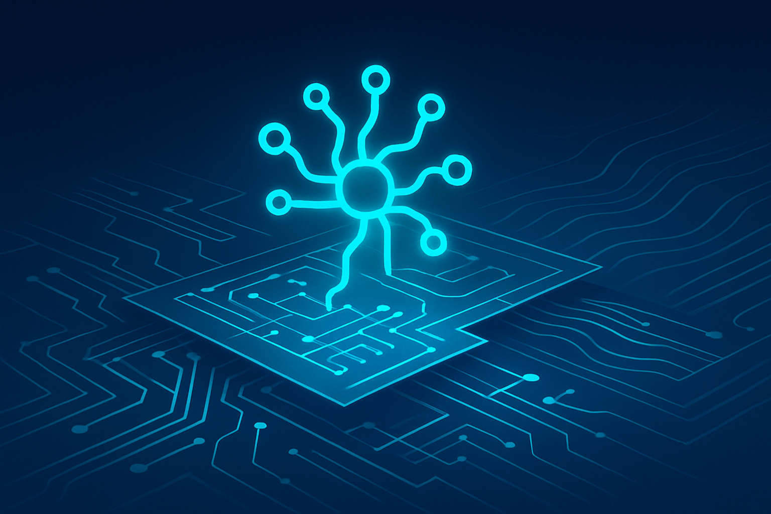 Sleek digital network with interconnected circuits, neural pathways, and data streams in neon cyan.