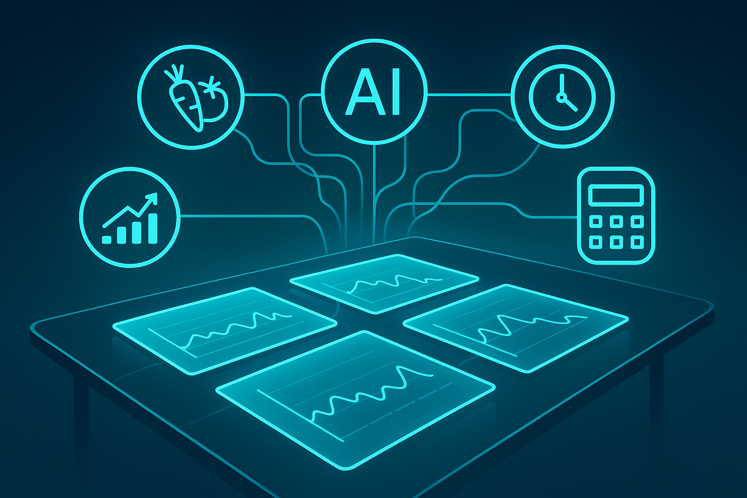 Sleek digital scene with data sheets, icons, and interconnected threads on glass table.