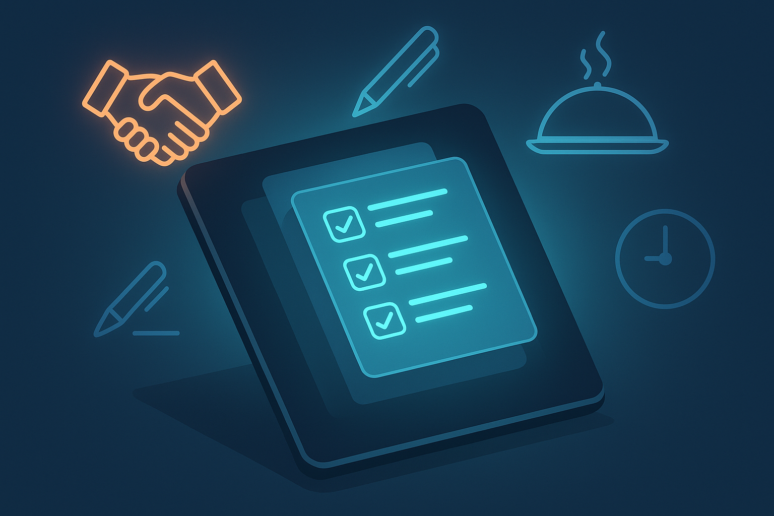 Sleek digital tablet displaying layered checklists with neon icons of handshake, pen, plate, and clock.