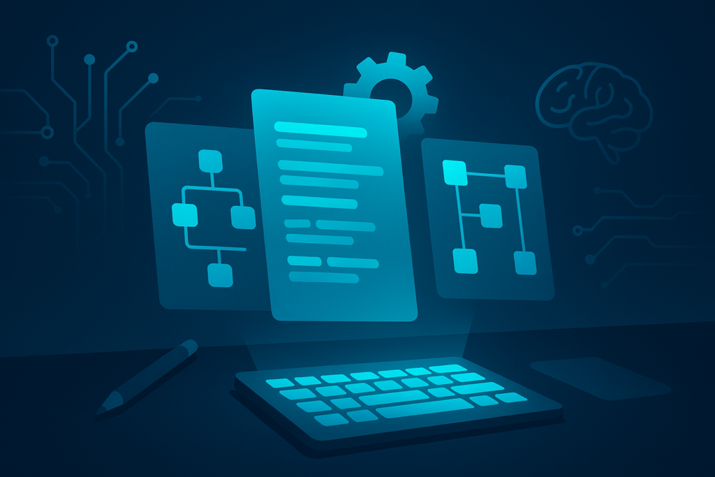 Sleek digital workspace with floating data sheets, flowcharts, gears, circuit patterns, and AI symbols.