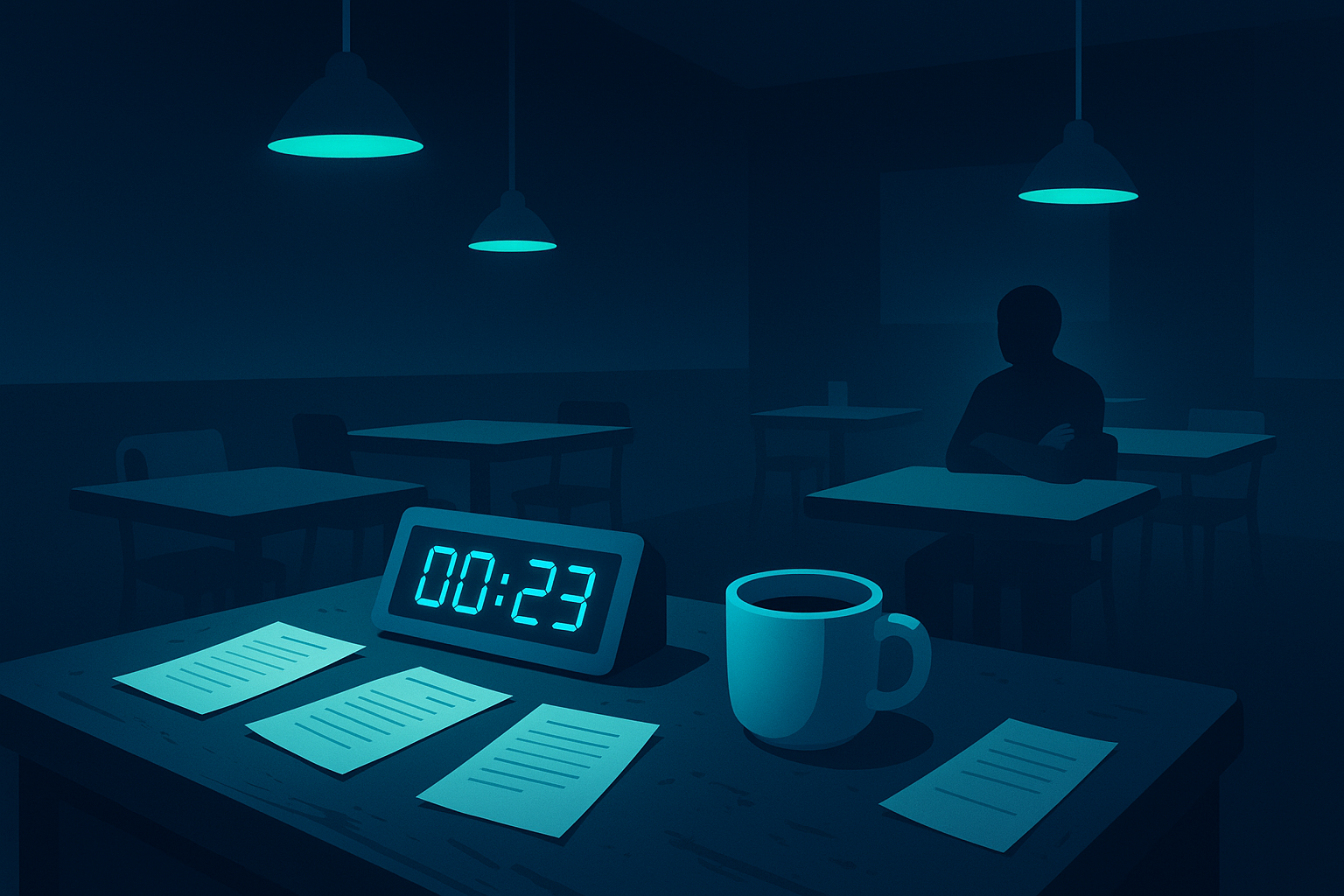 Sleek dining space with cluttered waiter’s station, blurred customer, neon accents, and dark atmosphere.