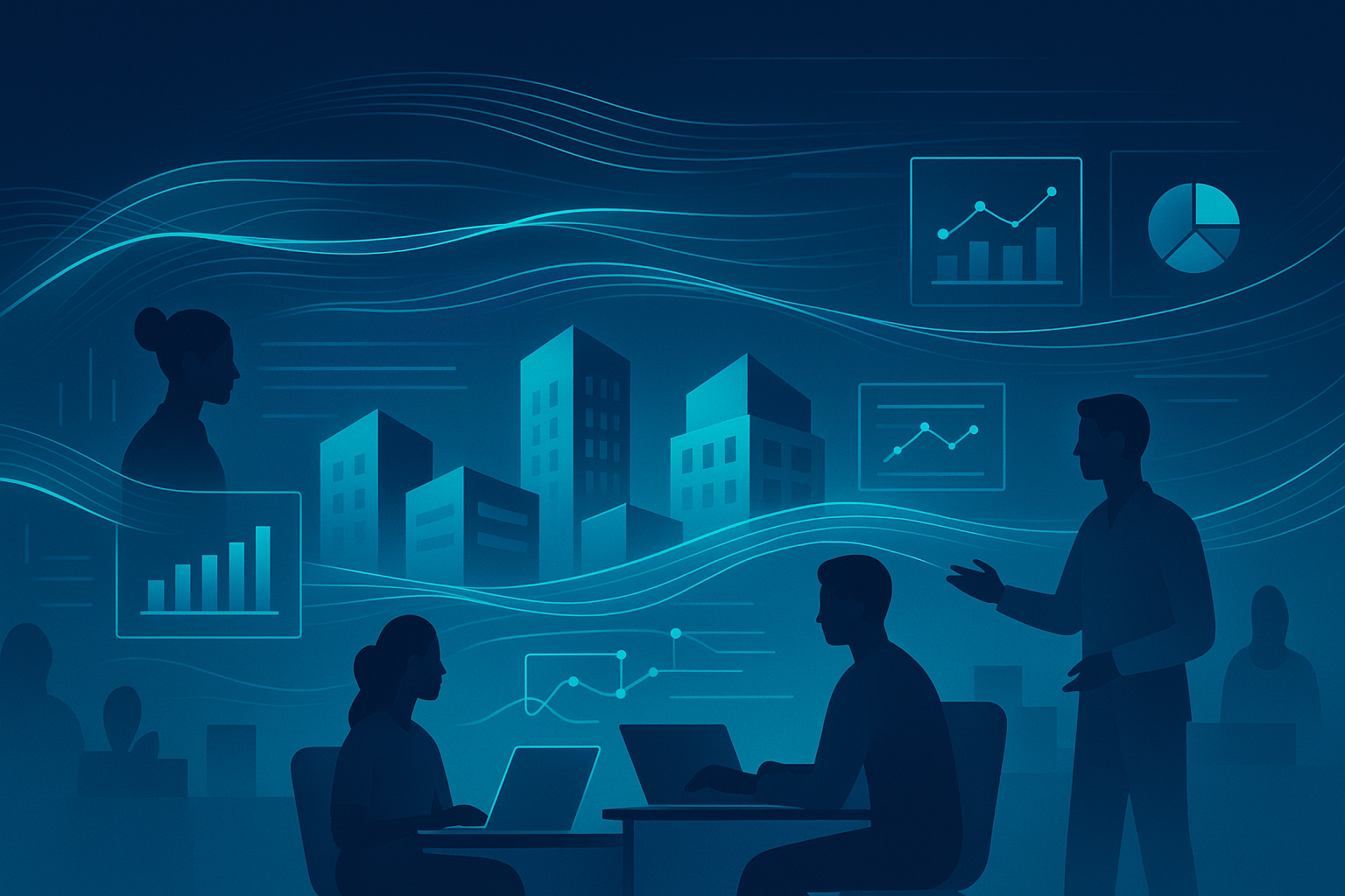 Sleek high-tech workspace with holographic data streams, digital charts, and diverse professionals collaborating.