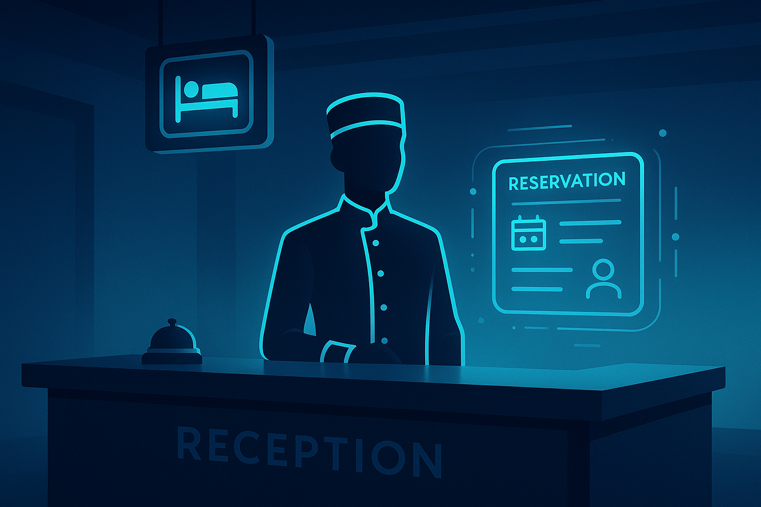 Sleek hotel lobby reception with concierge silhouette, holographic reservations, and digital interfaces.