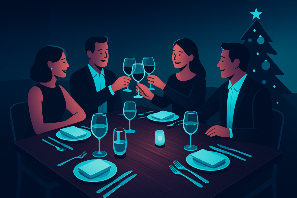 Sleek restaurant holiday party with guests toasting around a dark wood table, neon lighting.