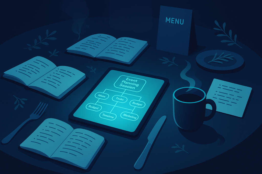 Sleek restaurant table with notebooks, digital tablet, coffee, herbs, and cutlery in dark blue and cyan tones.