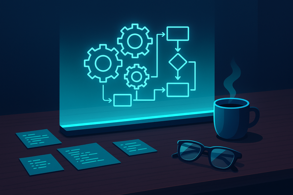 Sleek SME office desk with glowing blueprint, notes, coffee, glasses, and tech background.
