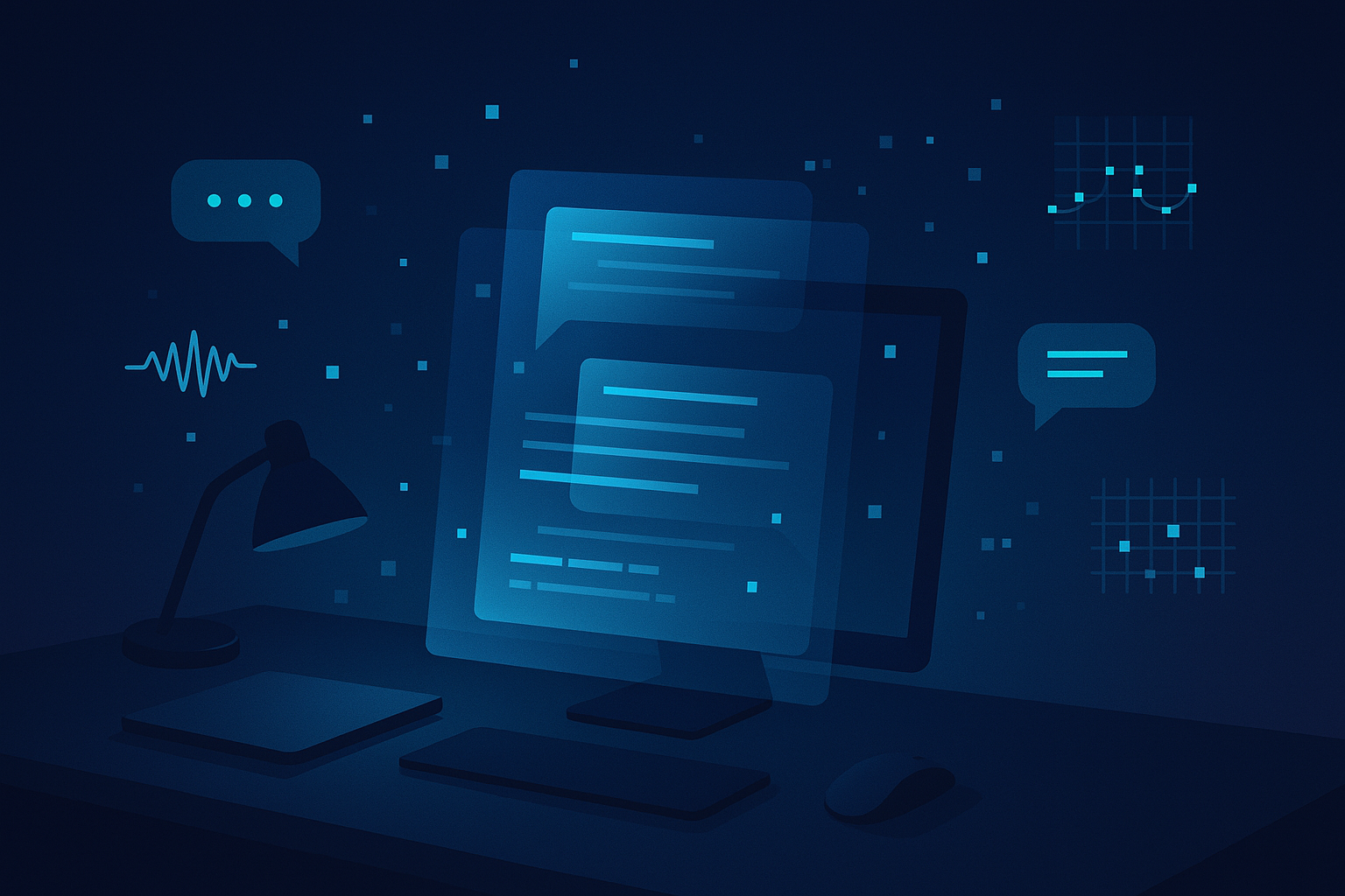 Sleek tech workspace with holographic data streams, chat bubbles, waveforms, and algorithm grids.