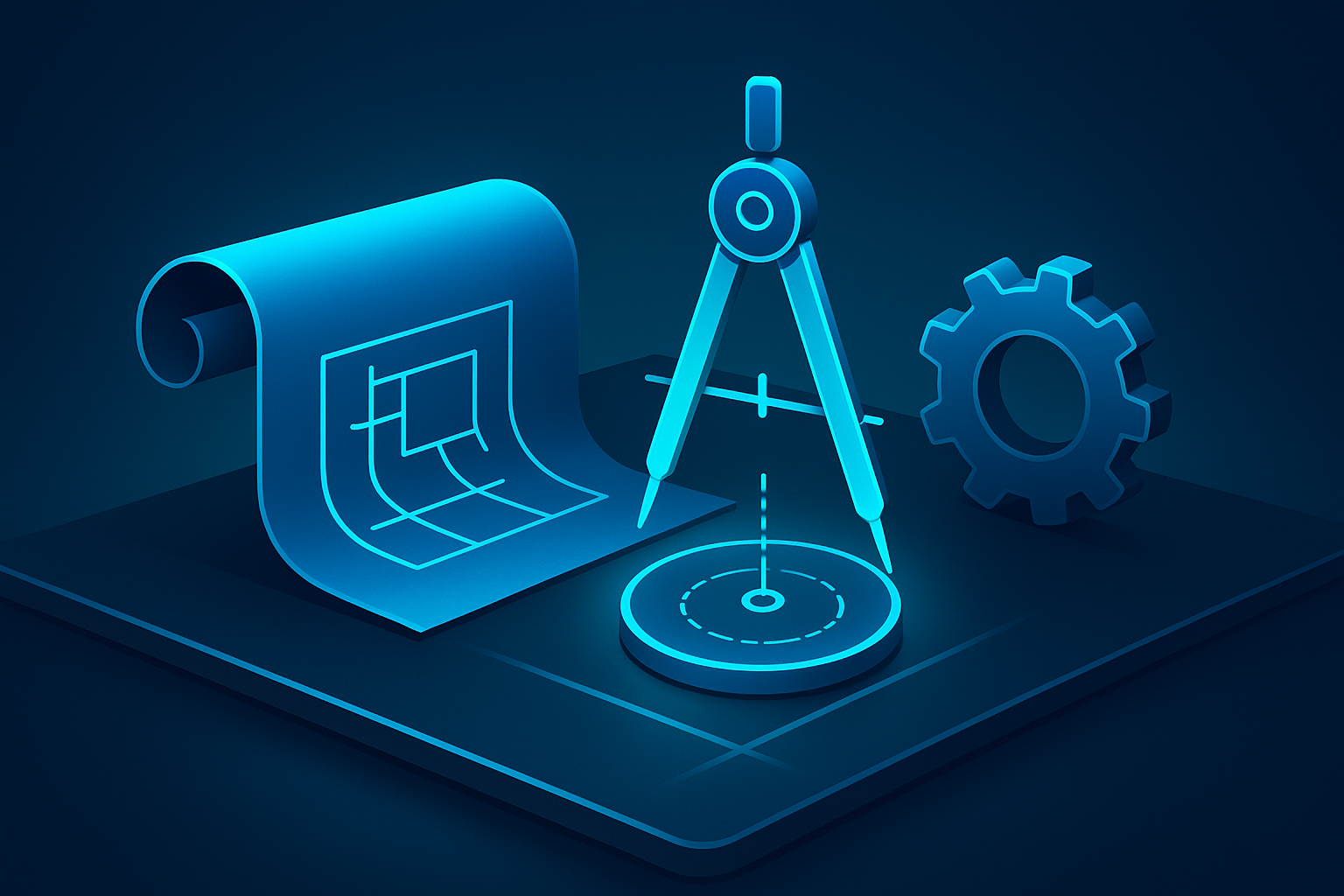 Sleek workspace with blueprint, glowing compass, turning gear, on reflective dark surface with neon accents.