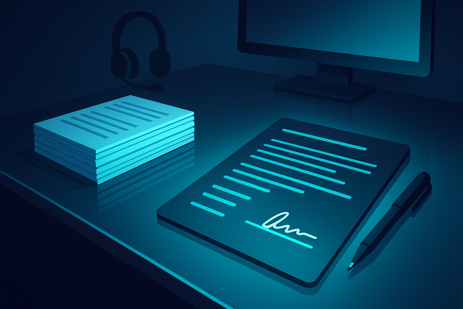 Sleek workspace with digital contract, transaction documents, neon lighting, and tech-inspired background.