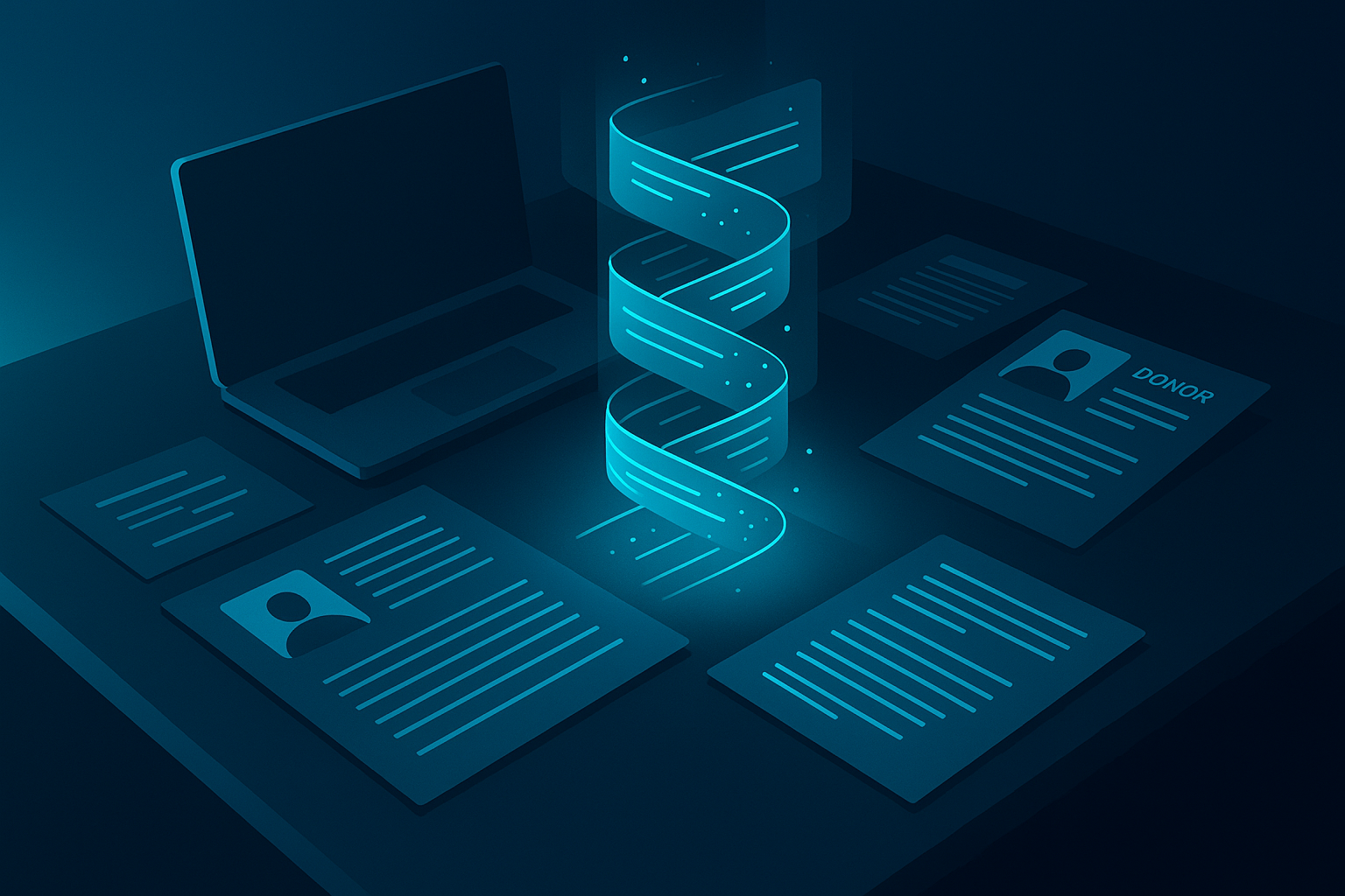 Sleek workspace with glowing data streams, donor profiles, and research notes in neon blue tones.