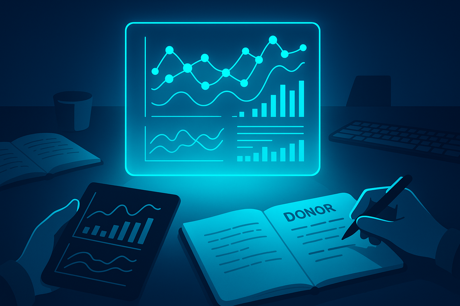 Sleek workspace with holographic data display, hands analyzing charts, notebooks, and keyboard.
