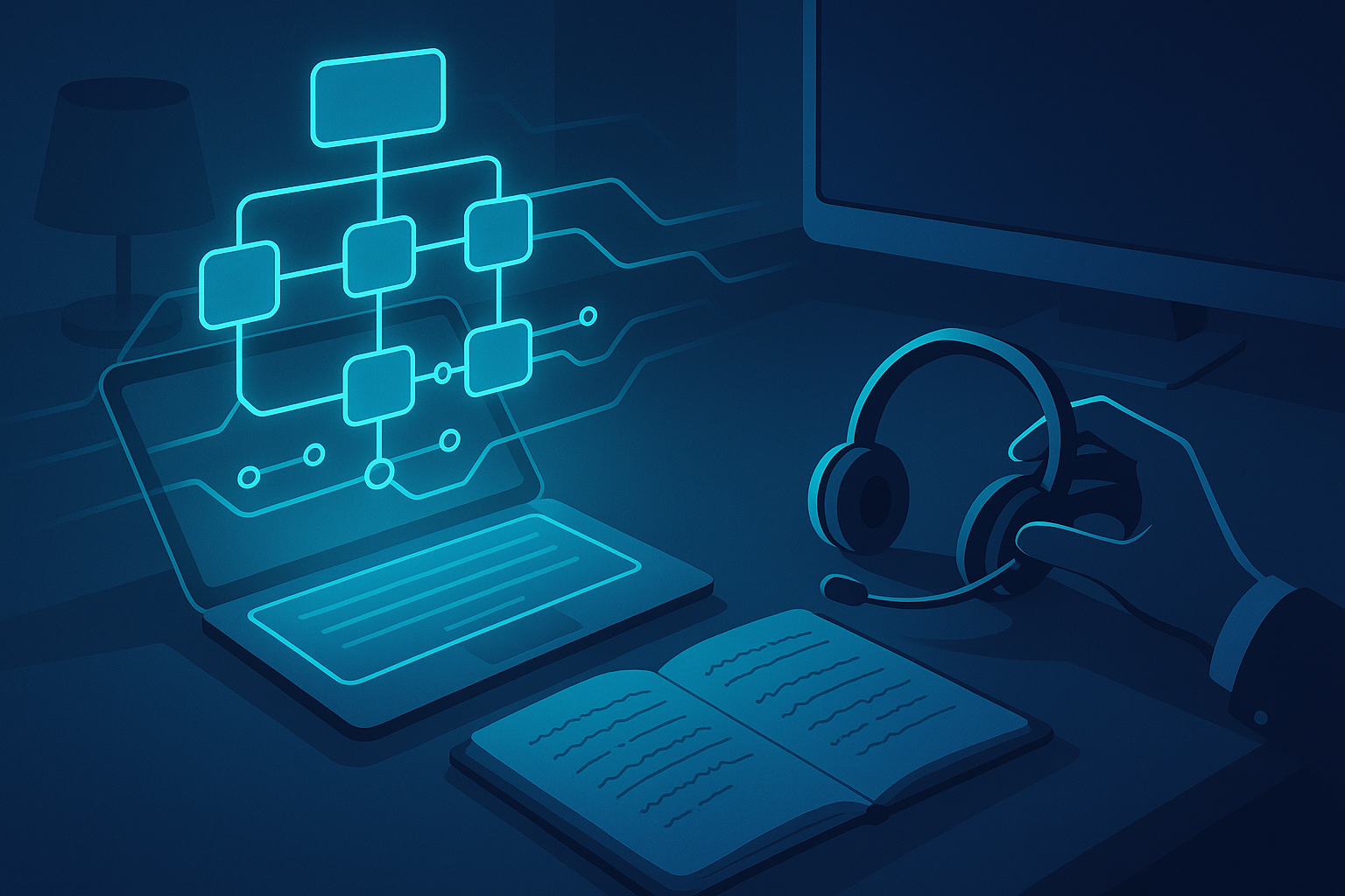 Sleek workspace with holographic flowchart, hand adjusting headset, and handwritten planner.