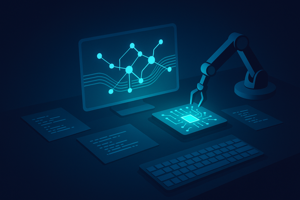 Sleek workspace with holographic interface, mechanical arm, code sheets, and cyan-lit keyboard.