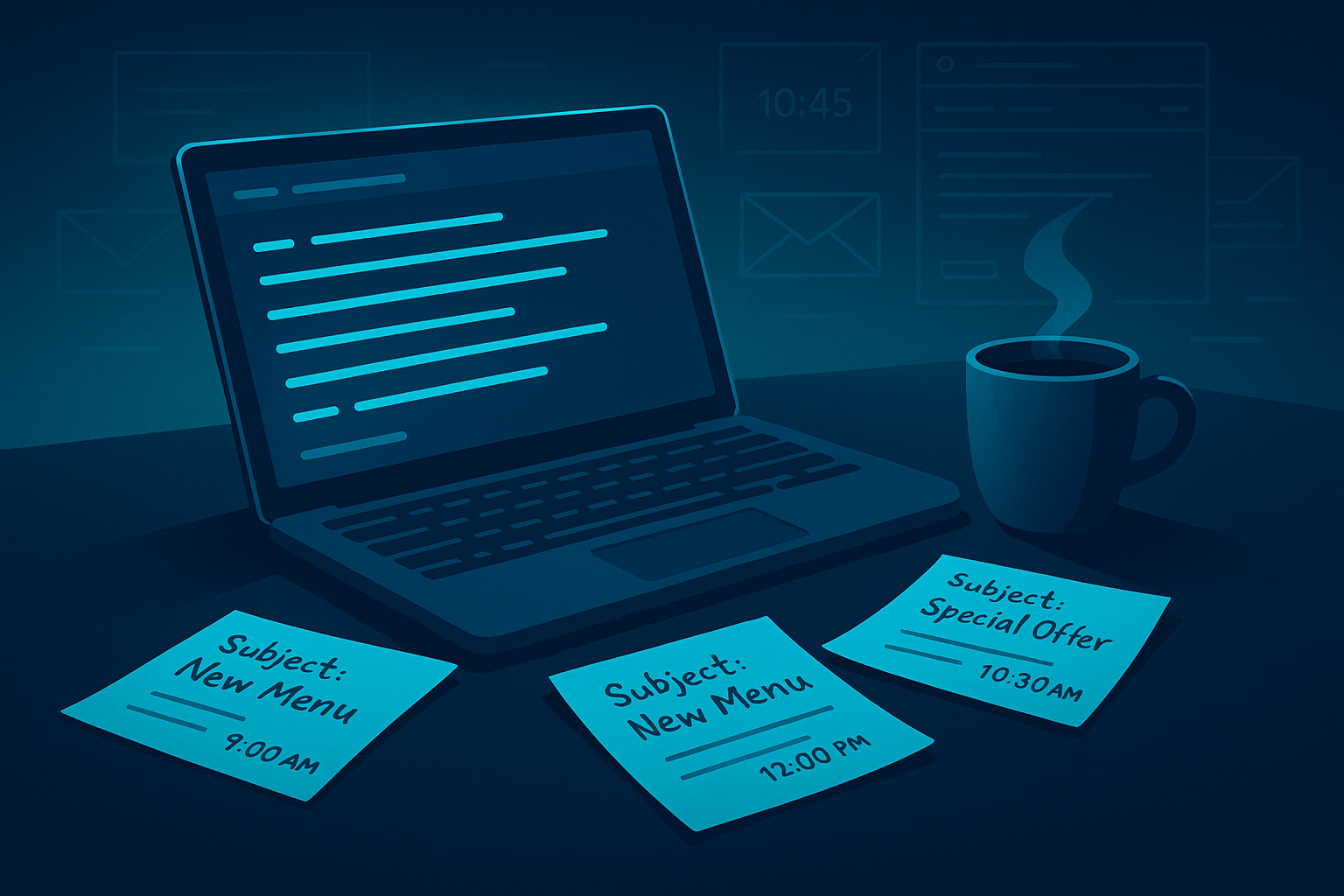 Sleek workspace with laptop, notes, coffee, digital clock, and email templates in neon-lit setting.