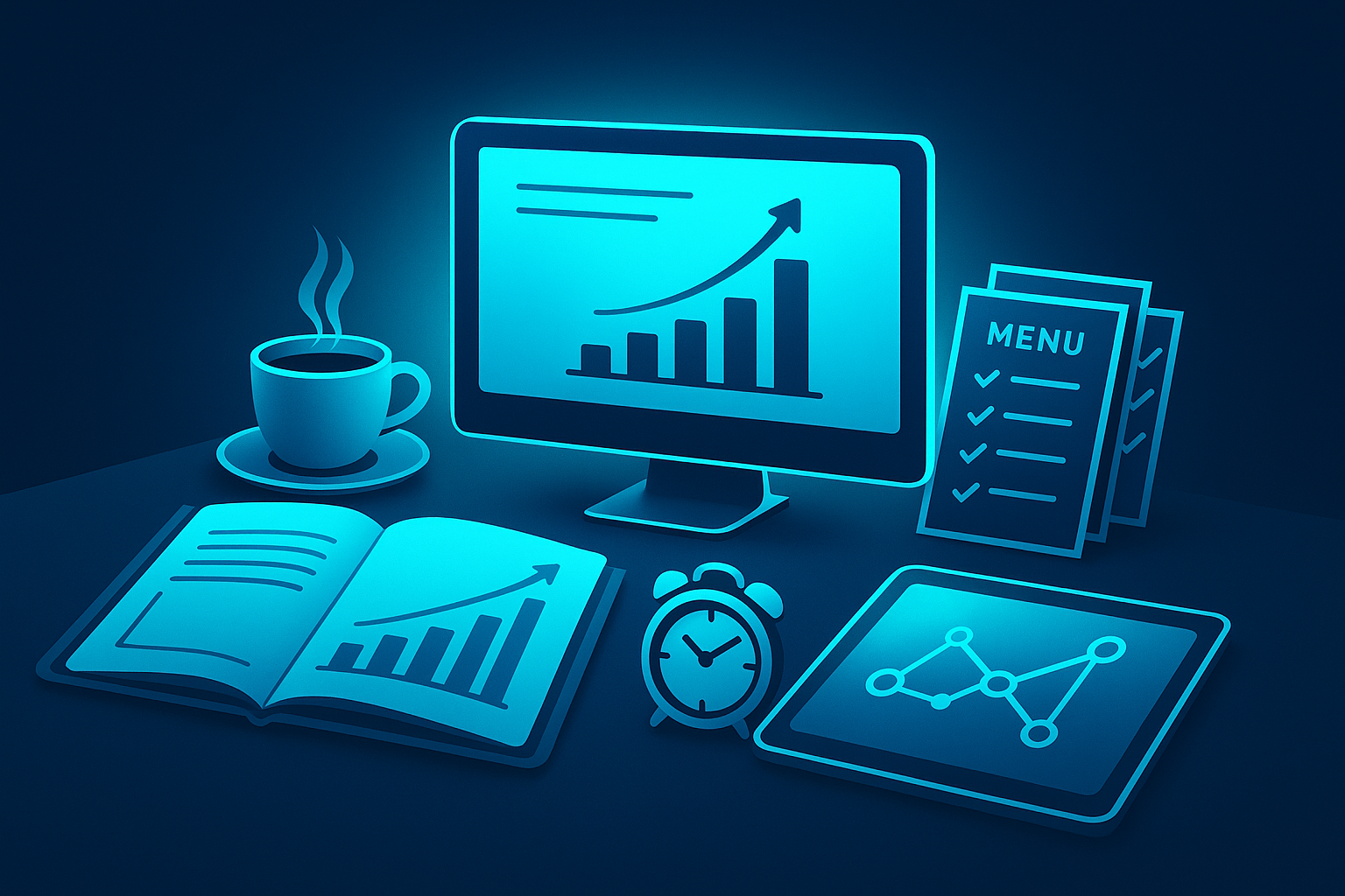 Sleek workspace with ledger, coffee, menus, and tablet on dark neon-lit background.