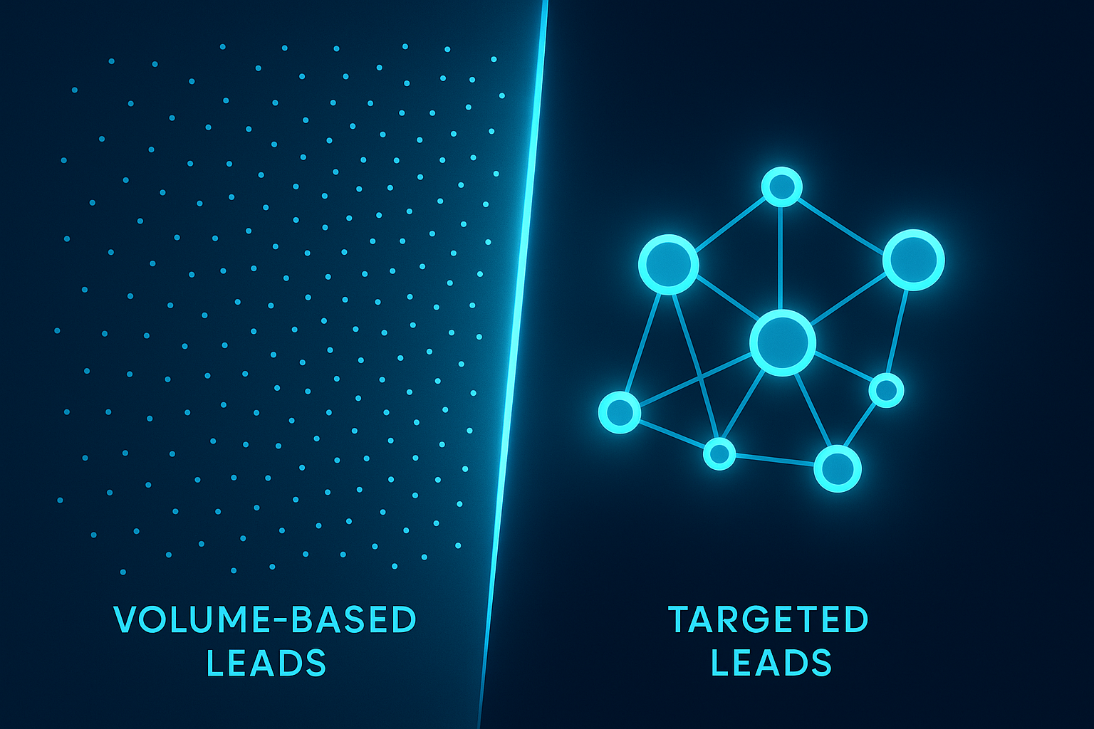 Split scene showing chaotic lead scatter versus targeted, glowing network connections in dark blue gradient.
