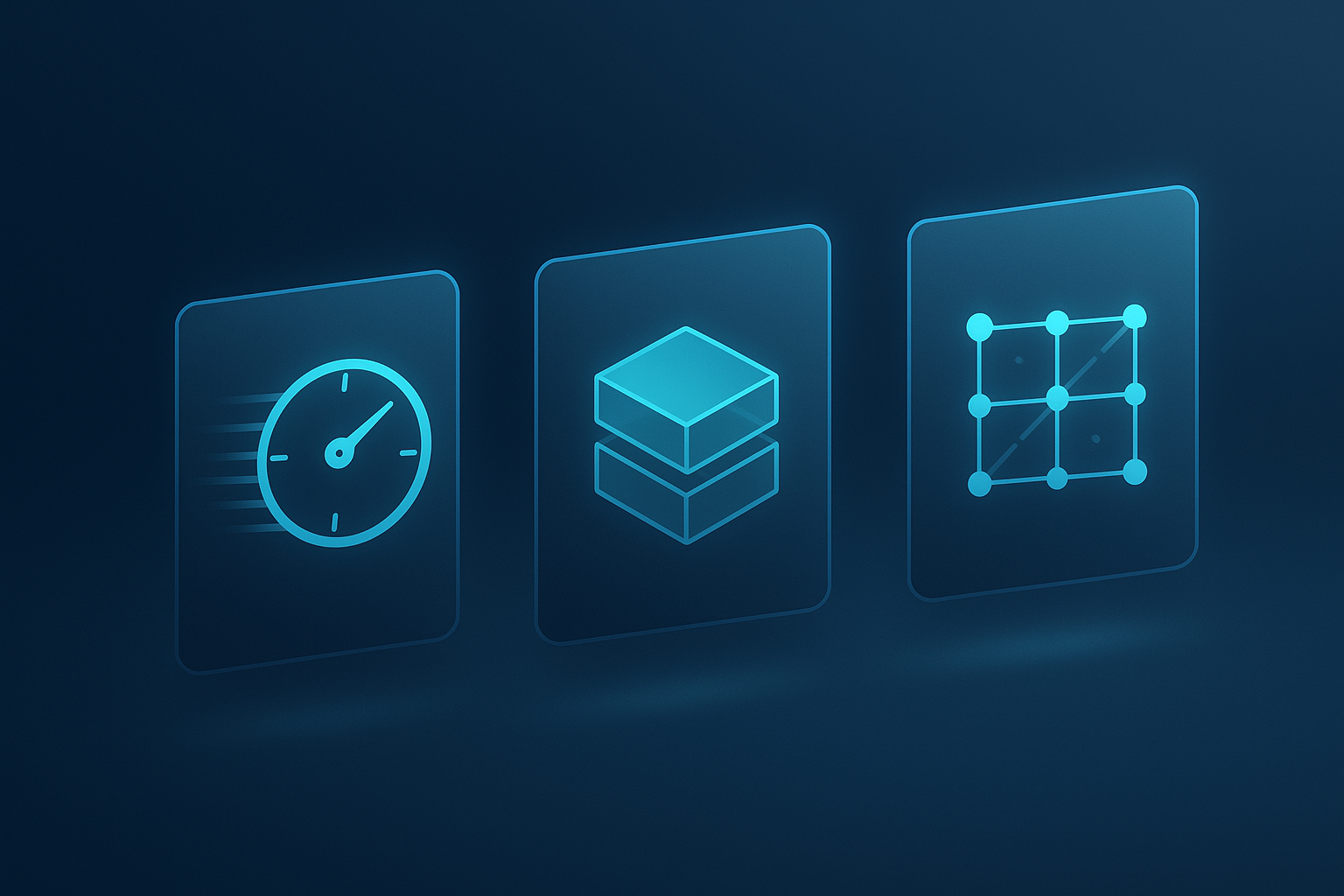 Three glowing digital panels with a clock, cube, and network grid against a dark tech background.