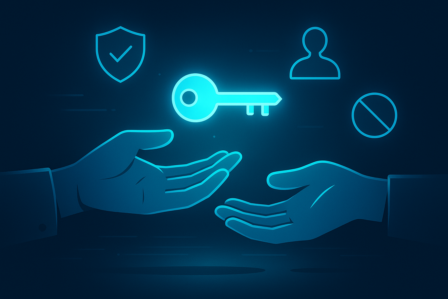 Two hands exchange a glowing digital key amid holographic symbols in a dark neon-lit digital environment.