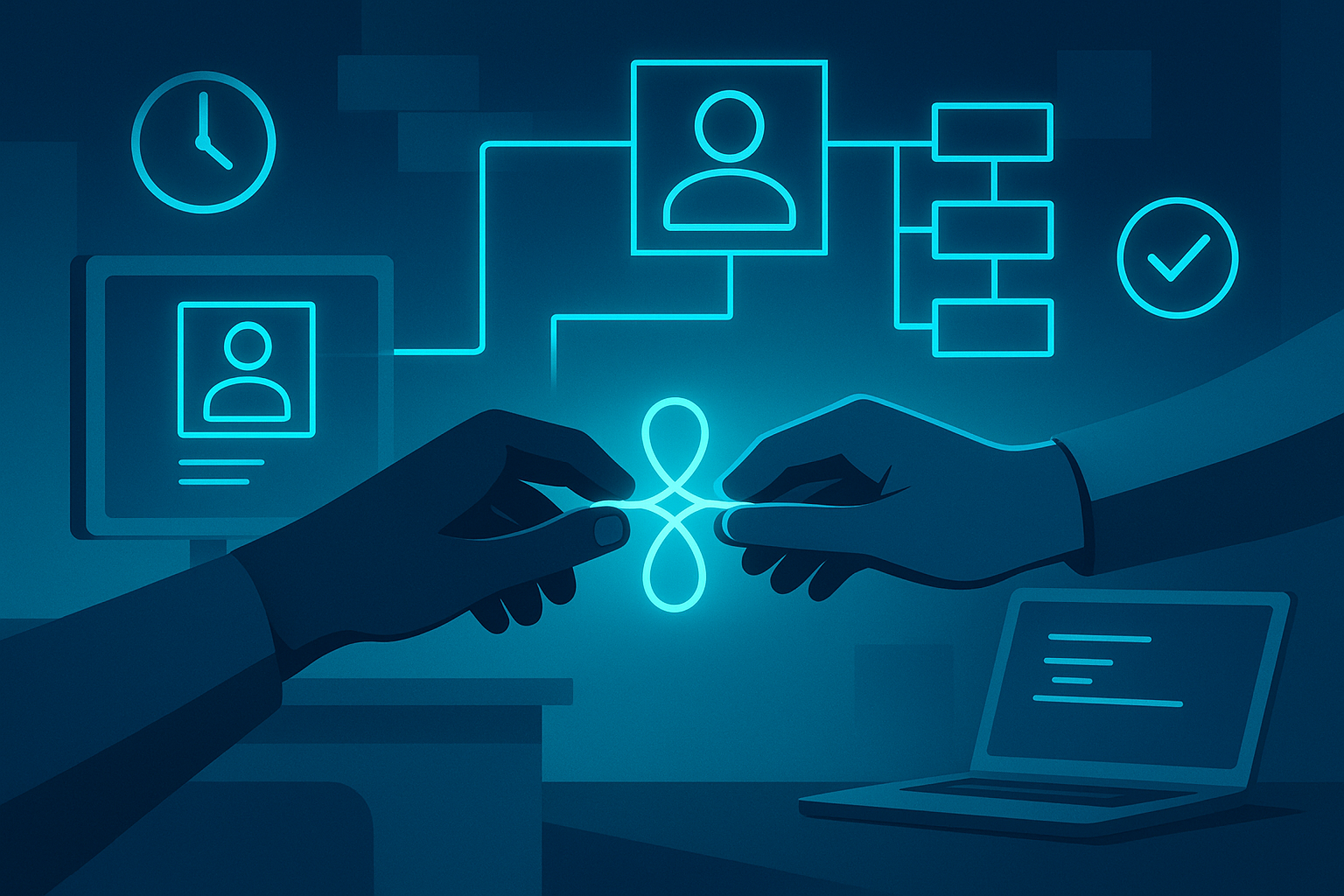 Two hands exchange a glowing digital thread amid holographic profiles and flowcharts in a neon-lit tech workspace.
