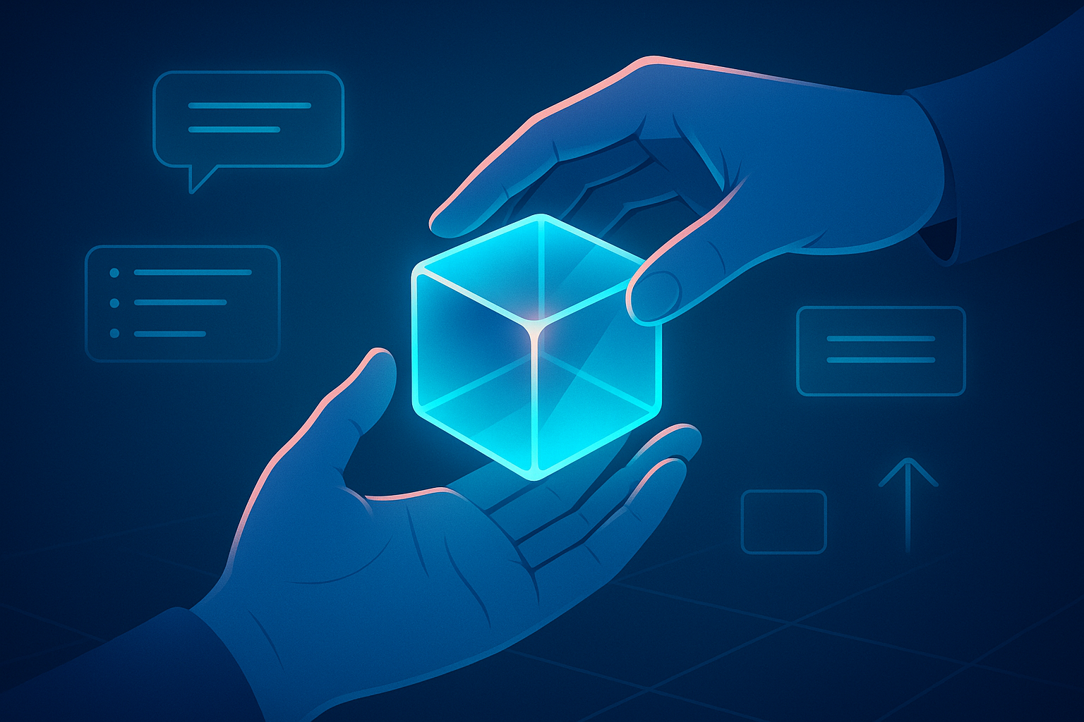 Two hands exchange a glowing, refracted glass cube over a neon-lit digital interface.
