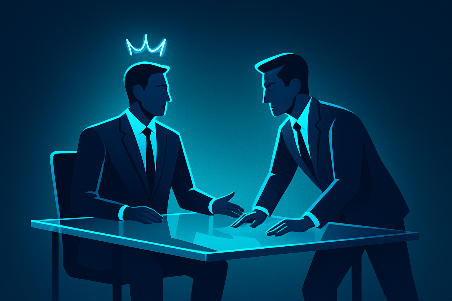 Two professionals at a glass desk in neon-lit suits, symbolizing trust and decision-making.