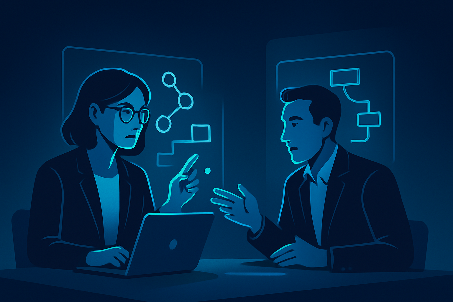 Two professionals collaborating over a digital interface
