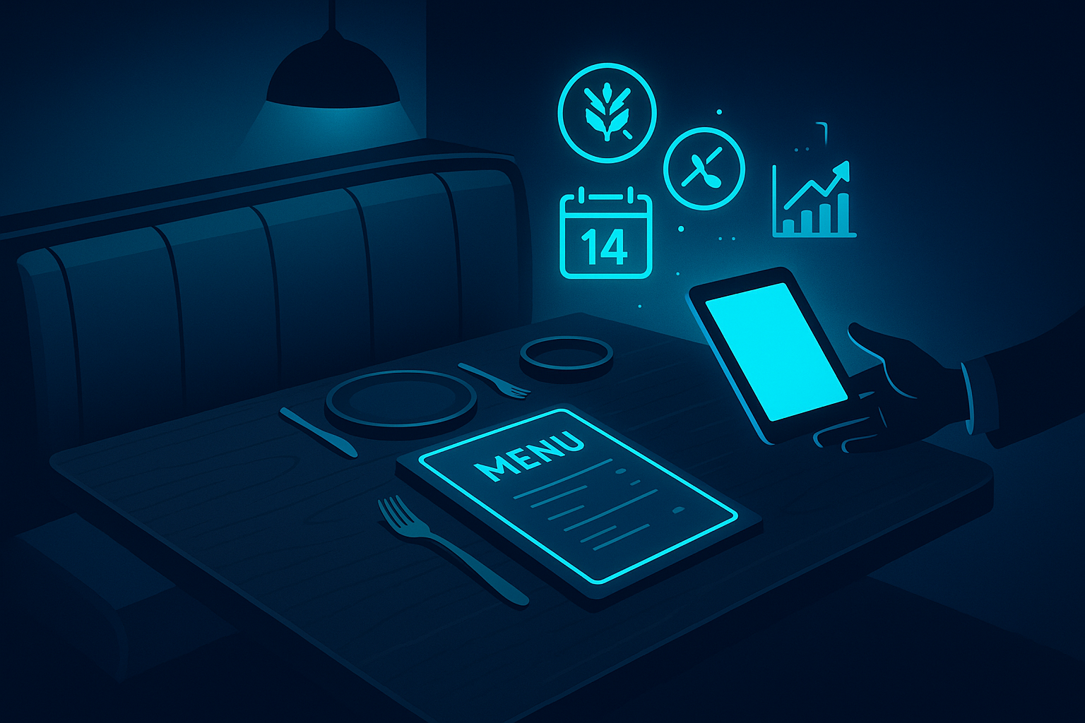 Upscale restaurant booth with tablet, holographic icons, neon glow, and dark blue background.