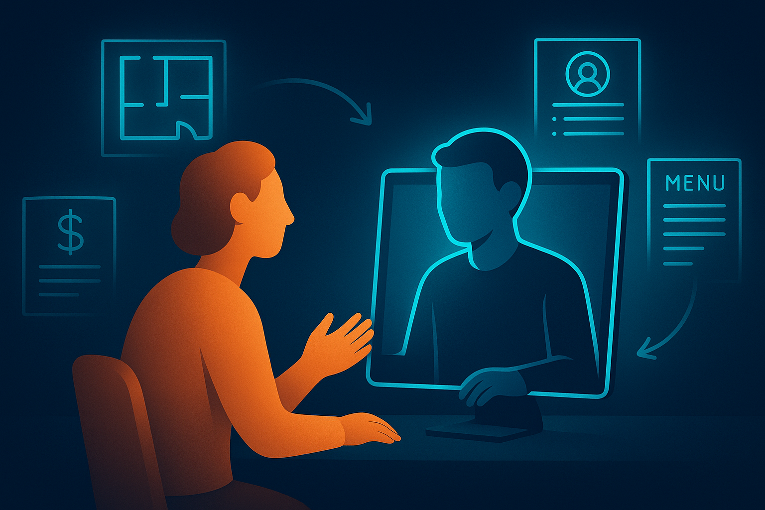 Warm human figure engaging with digital interface amid glowing real estate, recruitment, fundraising, and hospitality symbols.