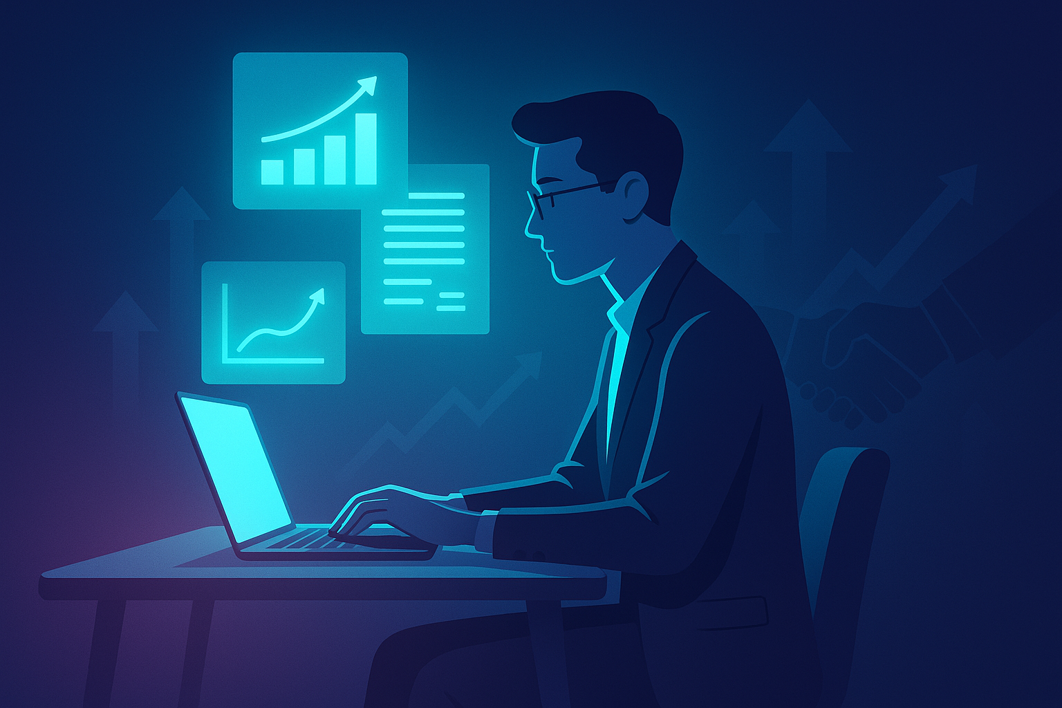 Young professional at desk with floating charts, digital contracts, and upward arrows in neon-lit tech scene.