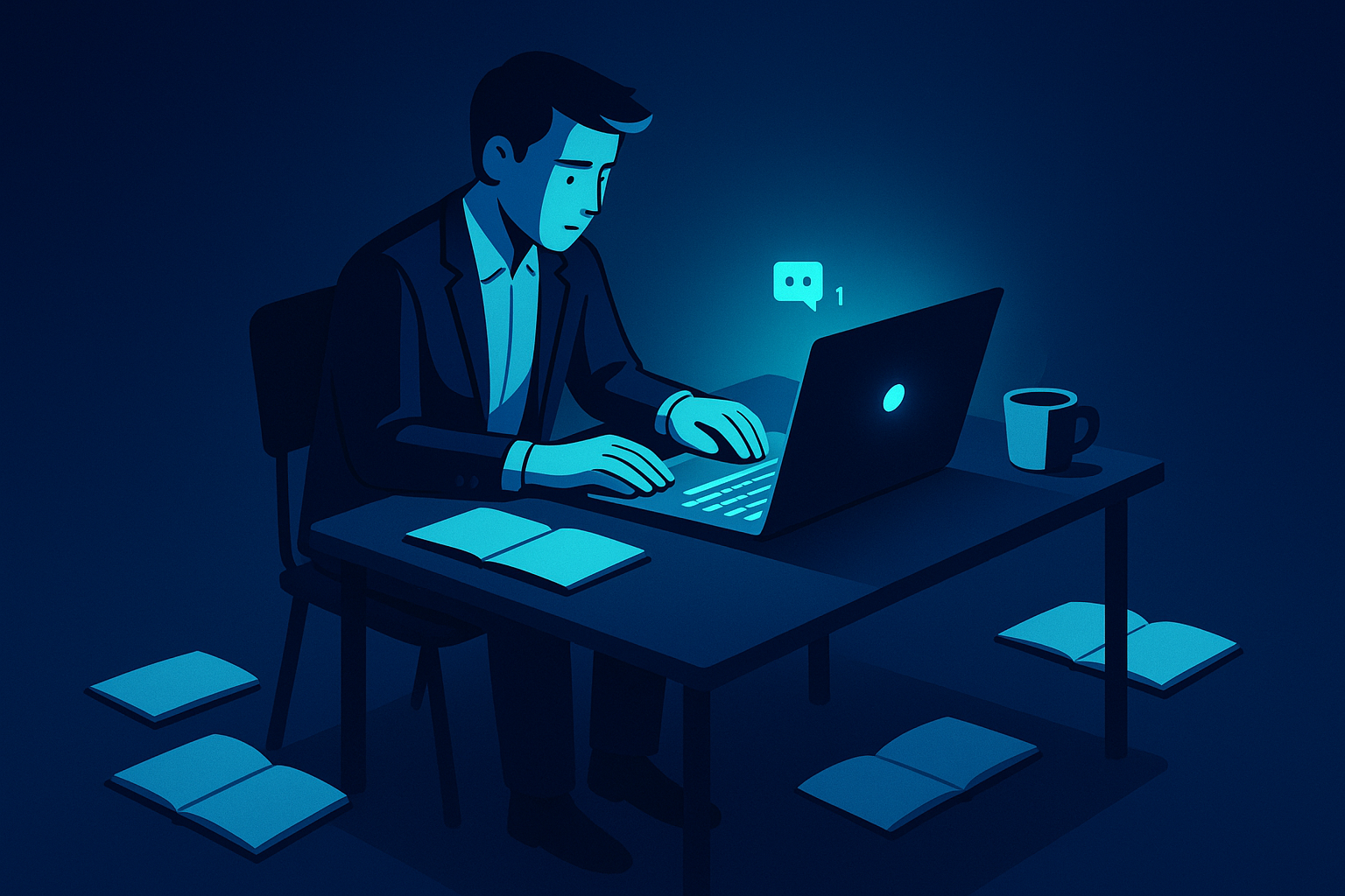 Young professional working late at minimalist desk with laptop, notebooks, coffee, in neon-lit dark setting.