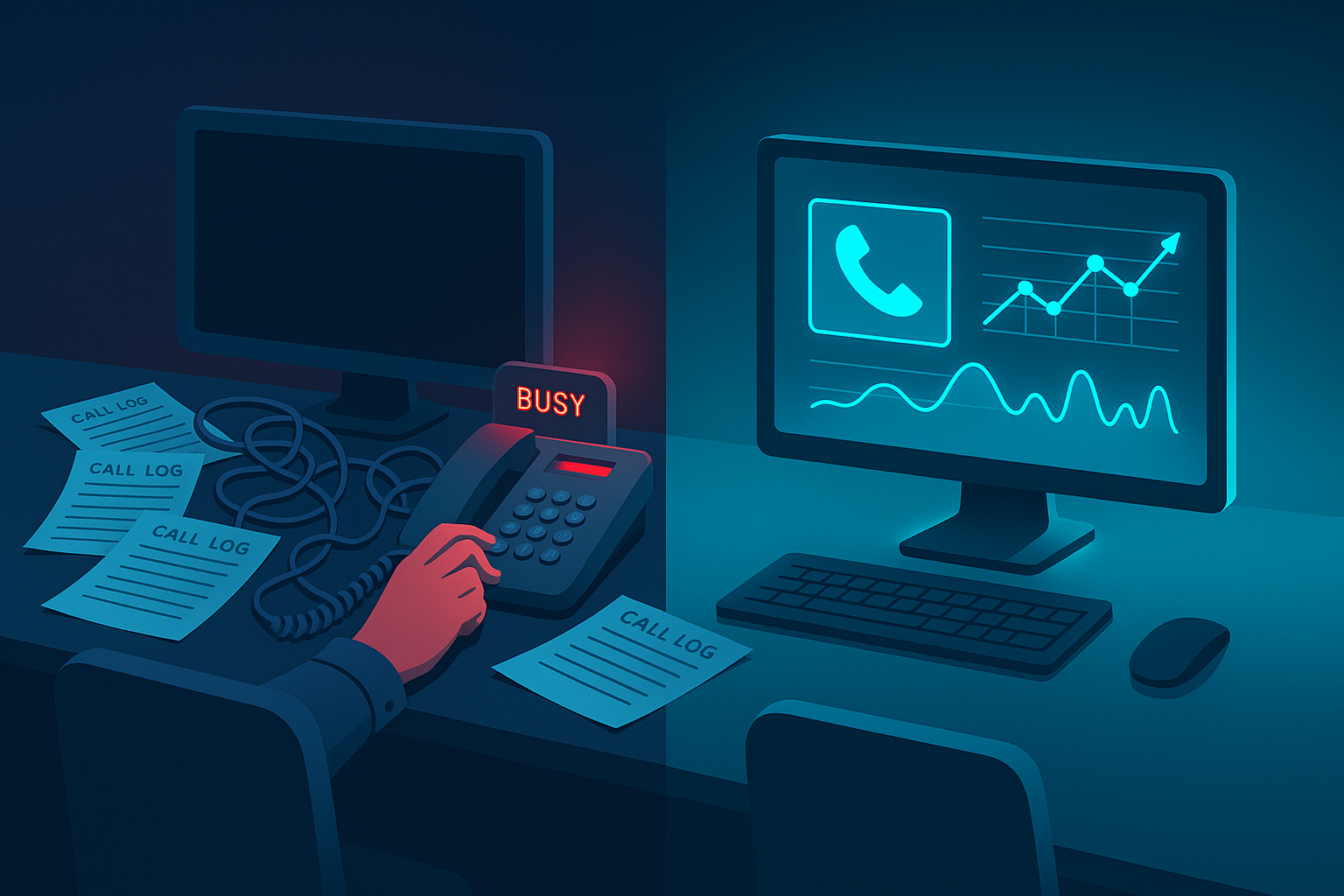 Cluttered and frustrated phone workspace contrasted with streamlined AI-powered calling dashboard.