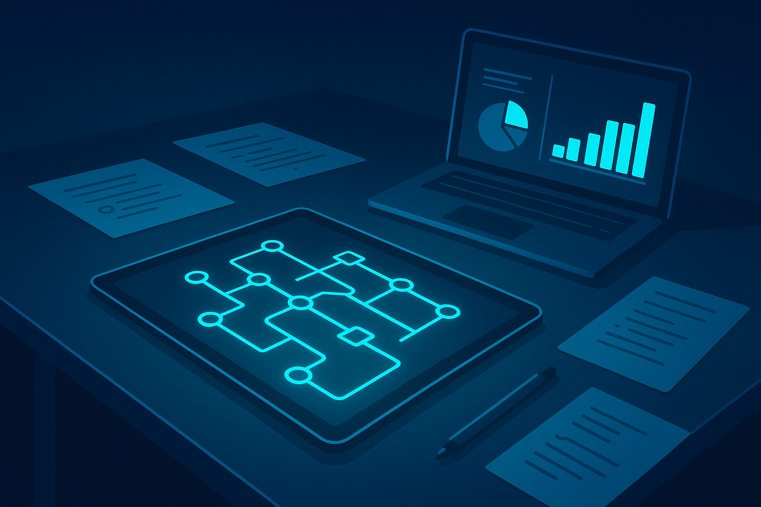 Dark tech workspace with digital blueprint, strategy notes, stylus, and laptop on neon-lit glass desk.