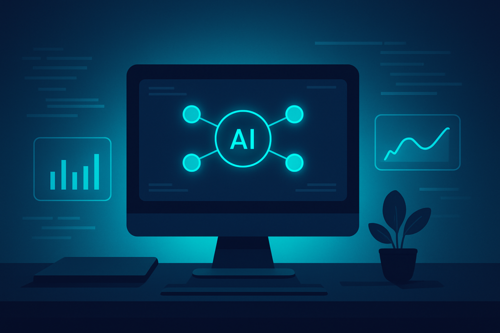 Dark tech workspace with digital dashboard, holograms, and data nodes in neon blue and cyan.