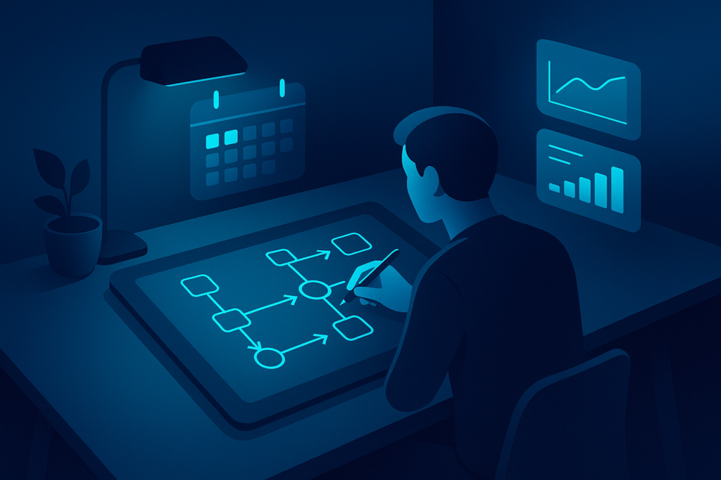 Dark tech workspace with holographic calendar, data charts, and figure sketching flowcharts in neon blue tones.
