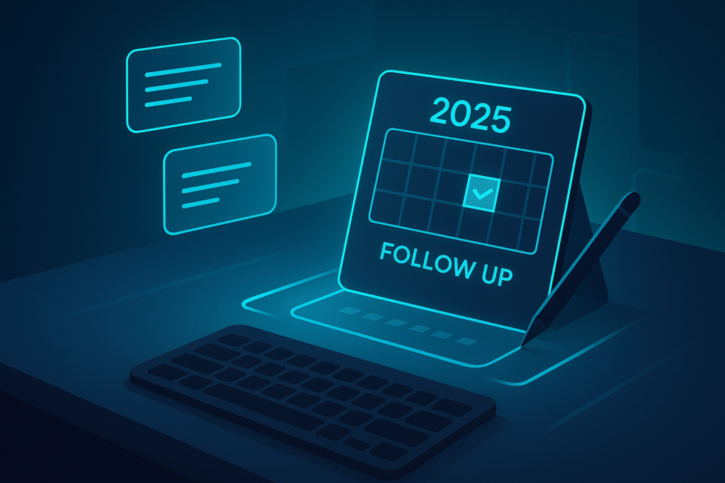 Dark tech workspace with holographic calendar, floating digital notes, and stylus on keyboard.